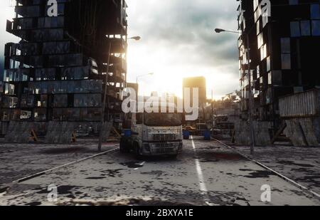 Apokalypse Stadt im Nebel. Luftaufnahme der zerstörten Stadt. Apokalypse-Konzept. 3d-Rendering. Stockfoto