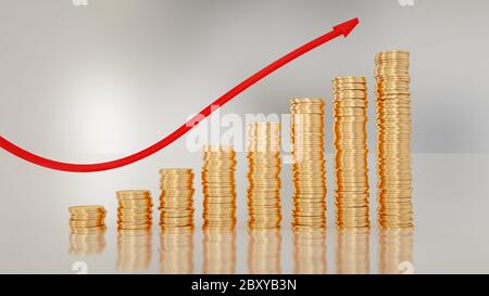 Goldmünzen Balkendiagramm mit rotem Pfeil auf weiß. Wachstum, Diagramm, Geschäftskonzept. 3d-Rendering. Stockfoto