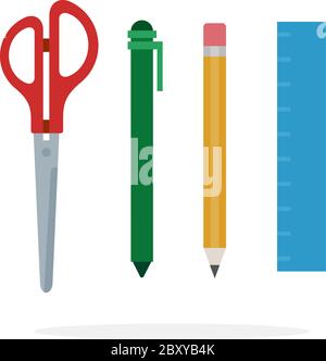 Schreibgeräte Scheren, Bleistift, Stift und Linealvektor flach isoliert Stock Vektor