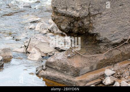 Der Boden einer erodierten Betonbrücke stützen in einem Fluss. Die Stütze ist unten stark erodiert. Stockfoto