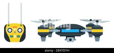 Fernbedienung und fliegende Drohne mit vier Propellern und einem Kamera-Vektor-Symbol flach isoliert. Stock Vektor
