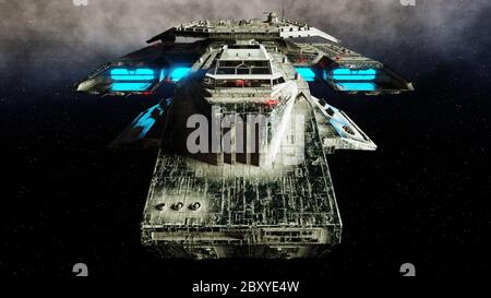 Futuristisches Raumschiff in . Erde Planet wunderbare Ansicht. Realistische Metalloberfläche. 3d-Rendering. Stockfoto
