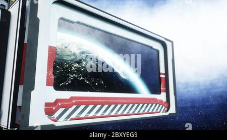 Raumschiff Raum, Flur. Futuristische Sicht auf die Erde. 3d-Rendering. Stockfoto
