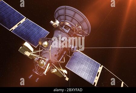 Satellit im Weltraum. Blick auf die Erde. Sonnenaufgang. 3d-Rendering. Stockfoto