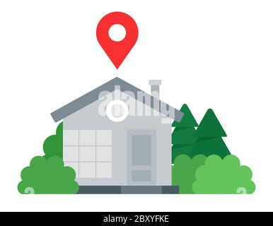 Haus mit einer roten Markierung Drohne Liefervektor-Symbol flach isoliert. Stock Vektor