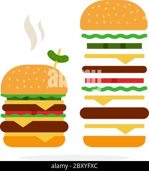 Doppel-Burger mit Dampfkäse und Rindfleisch und Rezept von Doppel-Burger Stock Vektor