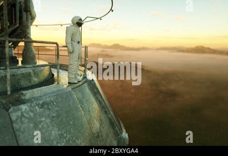 Allein Astronaut auf fremden Planeten. Martian auf Metallbasis. Zukunftskonzept. 3d-Rendering. Stockfoto