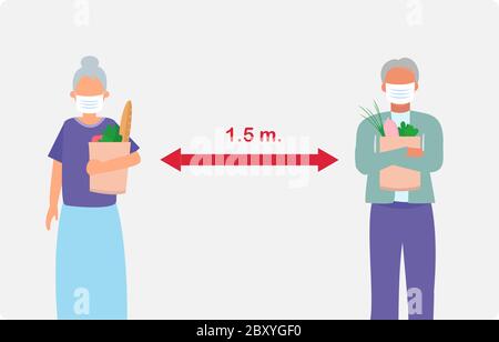 Vektor-Illustration von zwei Senioren im Supermarkt, Lebensmittel kaufen und Abstand halten Stock Vektor