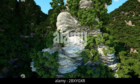 Bergklippen mit Bäumen. Fantasy-Landschaft. 3d-Rendering. Stockfoto