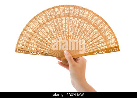 Holz-Fan in Hand der Frau Stockfoto