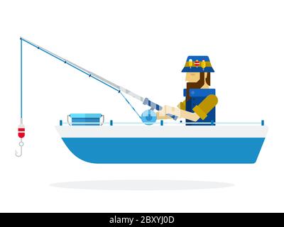 Fischer in einem panama schlüpft einen Fisch mit einer Angelrute in einem Boot Angelvektor Symbol flach isoliert. Stock Vektor