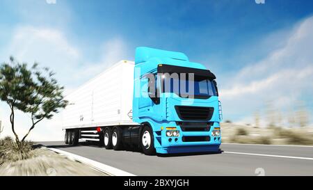 LKW auf der Straße, Autobahn. Transport, Logistikkonzept. 3D-Rendering. Stockfoto