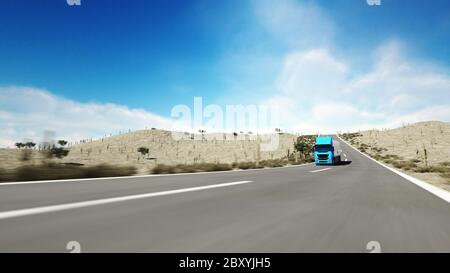 LKW auf der Straße, Autobahn. Transport, Logistikkonzept. 3D-Rendering. Stockfoto