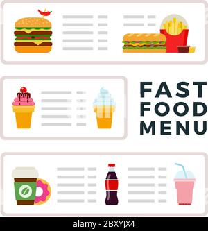 Fast-Food-Menü mit Eis, Burger und Getränke flat Vektor Stock Vektor