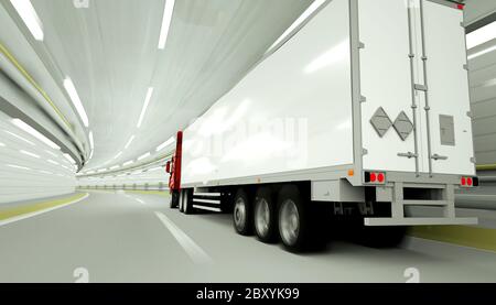 Roter LKW in einem Tunnel. Schnelles Fahren. 3d-Rendering. Stockfoto