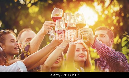 Mehrere Rassen Gruppe von Freunden toasten Rotwein bei Outdoor-Restaurant Party Stockfoto