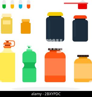 Nahrungsergänzungsmittel, Sport-Vitamine und Sport-Flaschen für Wasser flach isoliert Stock Vektor