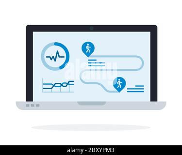 Laptop mit Fitness-Anwendung auf dem Bildschirm Vektor-Symbol flach isoliert. Stock Vektor