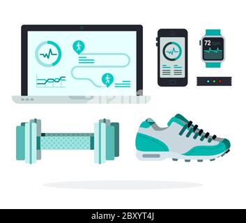 Satz von Fitnessgeräten, App-Geräte und Sportschuhe Vektor-Symbol flach isoliert. Stock Vektor