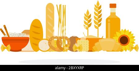 Backwaren und Produkte, die Kohlenhydrate Vektor flach isoliert Stock Vektor