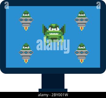 Raum Alien mit Ufos in Desktop 8 Bits pixelierte Symbol Vektor Illustration Design Stock Vektor