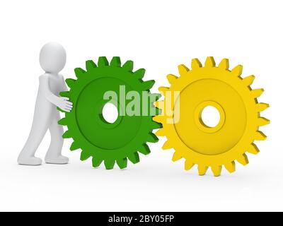 3D Mann schieben Getriebe Stockfoto