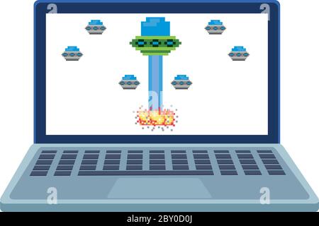 ufo-Launcher in Laptop 8 Bits pixelierte Symbol Vektor Illustration Design Stock Vektor
