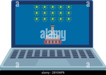 Raumschiff Kampf mit Aliens in Laptop 8 Bits pixelierte Symbol Vektor Illustration Design Stock Vektor