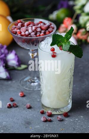 Sommer frische kalte Getränke. Eislimonade mit Zitrone, verziert mit Preiselbeeren und Minze auf einem Tisch im Freien. Limonade im Glas Stockfoto