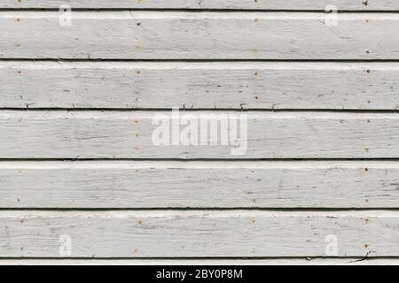 Weiße Holzwand mit reicher Textur, Rissen, Knoten und Nägeln. Verwitterte Holzplanken Hintergrund. Stockfoto