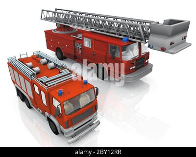 Feuerwehrfahrzeuge auf weißem Hintergrund Stockfoto