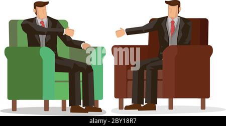 Zwei Geschäftsleute schütteln die Hände, während sie auf der Couch im Büro sitzen. Konzept der Zusammenarbeit. Vektorgrafik. Stock Vektor