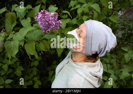 Frau in medizinischen Gesichtsmaske in grau riechenden jungen violetten lila Bund mit Knospen gekleidet Stockfoto