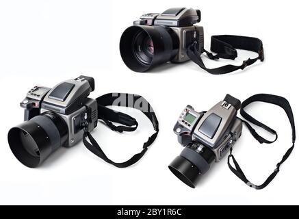 Mittelformat-Digitalkamera auf weißem Hintergrund Stockfoto