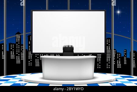 Weißer Tisch und lcd-tv im Nachrichten-Studio Zimmer mit Stadt im Nachtsicht Stock Vektor