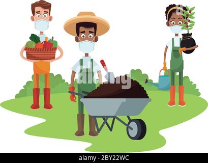 Bauern tragen medizinische Masken mit Werkzeugen Zeichen Vektor Illustration Design Stock Vektor