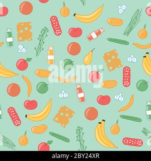 Lebensmittelgeschäft nahtlose Muster. Verschiedene Produkte für Ihre Ernährung. Vektor-Illustration im Cartoon-Stil Stock Vektor