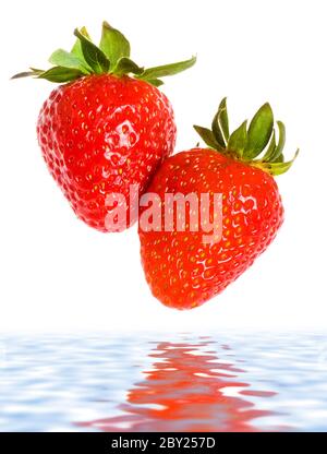 Frische reife Erdbeeren fallen in Wasser Stockfoto