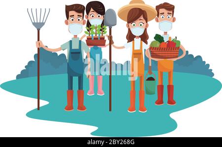 Bauern tragen medizinische Masken mit Werkzeugen Zeichen Vektor Illustration Design Stock Vektor