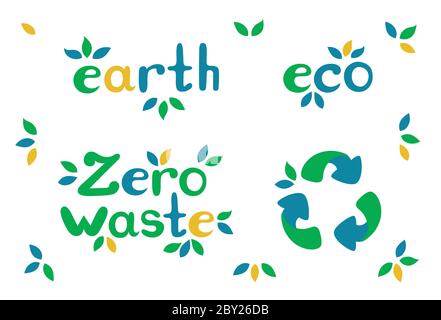 Flache Vektordarstellung von Öko-Inschriften und Symbol des Recyclings. Schriftzug für grüne und umweltfreundliche Designs Stock Vektor