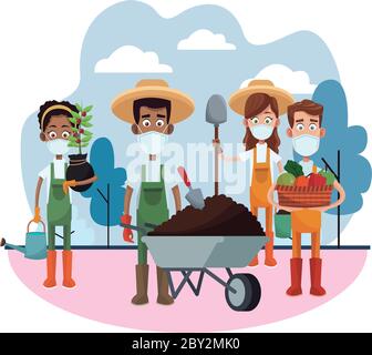 Bauern tragen medizinische Masken mit Werkzeugen Zeichen Vektor Illustration Design Stock Vektor