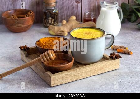 Traditionelles indisches Getränk Kurkuma goldene Milch in einem Keramikbecher mit Zutaten Stockfoto