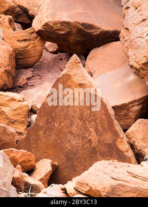 Buschmann prähistorische Felsgravuren in Twyfelfontein, Namibia. Stockfoto