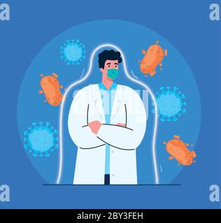 Schutz gegen Covid 19, Arzt trägt eine schützende chirurgische Maske gegen 2019 ncov, Coronavirus-Zellen in der Umwelt Stock Vektor