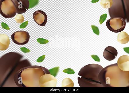 Fliegende Macadamia mit grünem Blatt auf transparentem Hintergrund. 3D realistische Nüsse. Macadamia fällt aus verschiedenen Winkeln. Vektorgrafik. Stock Vektor
