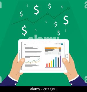 Geschäftsbericht auf dem Bildschirm. Hände halten Tablet mit Lesen Marketing-Inhalte. Flache Stil Vektor-Illustration Stock Vektor