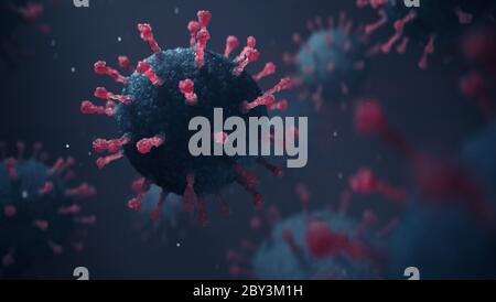 Fotorealistische mikroskopische Nahaufnahme von Coronavirus COVID-19 Grippezellen auf abstraktem Hintergrund. 3D-Illustration Stockfoto