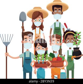Bauern tragen medizinische Masken mit Werkzeugen Zeichen Vektor Illustration Design Stock Vektor