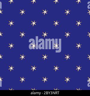 Sterne im Raum Vektor nahtlose Muster Hintergrund. Goldene Hand gezeichnete Himmelsplaneten Indigo Hintergrund. Konzeptionelles geometrisches Raumobjekt-Design. Alle Stock Vektor