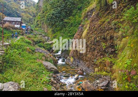 Touristen gehen den Weg in Himalaya-Bergen Nepal Stockfoto